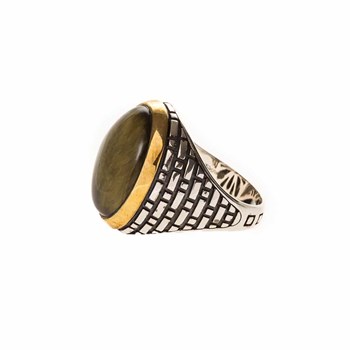 Bague Homme oeil Argent Pierre oeil De Tigre Serti Doré
