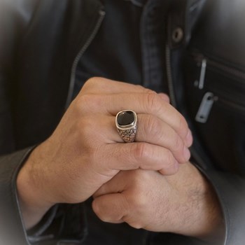 Bague En Argent Homme écaille Pierre Noire Onyx