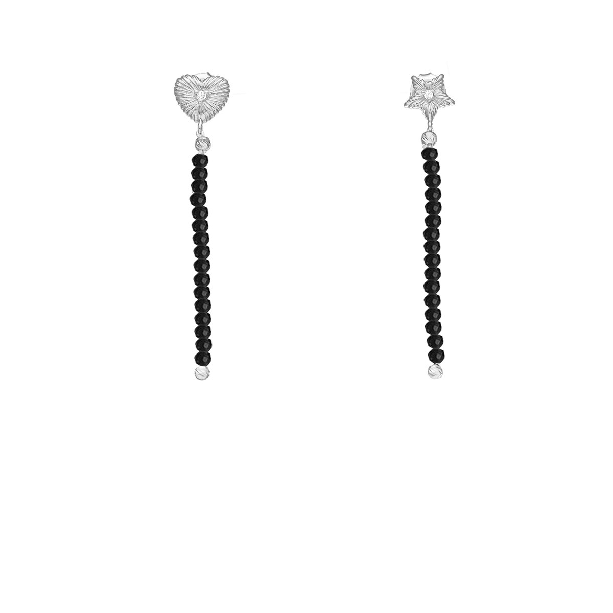 Boucles D'oreilles Argent Rhodié Pendantes Coeur Et étoile Pierre Spinelle Noire