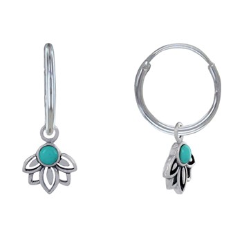 925 Sterling Silver Earrings Lotus Flower and Small Turquoise Pearl Creoles
