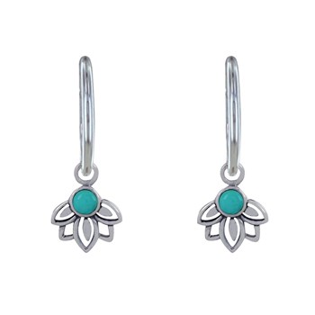 925 Sterling Silver Earrings Lotus Flower and Small Turquoise Pearl Creoles