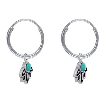 925 Sterling Silver Earrings Lotus Flower and Small Turquoise Pearl Creoles