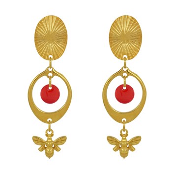 Earrings Clip Gilded Brass Circle Colored Pastille and Bee