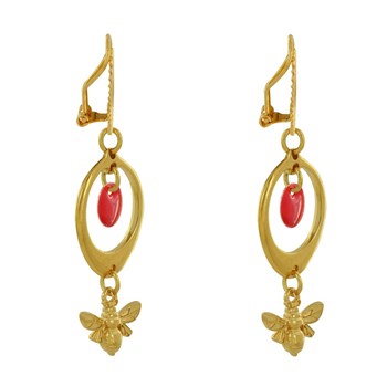Earrings Clip Gilded Brass Circle Colored Pastille and Bee