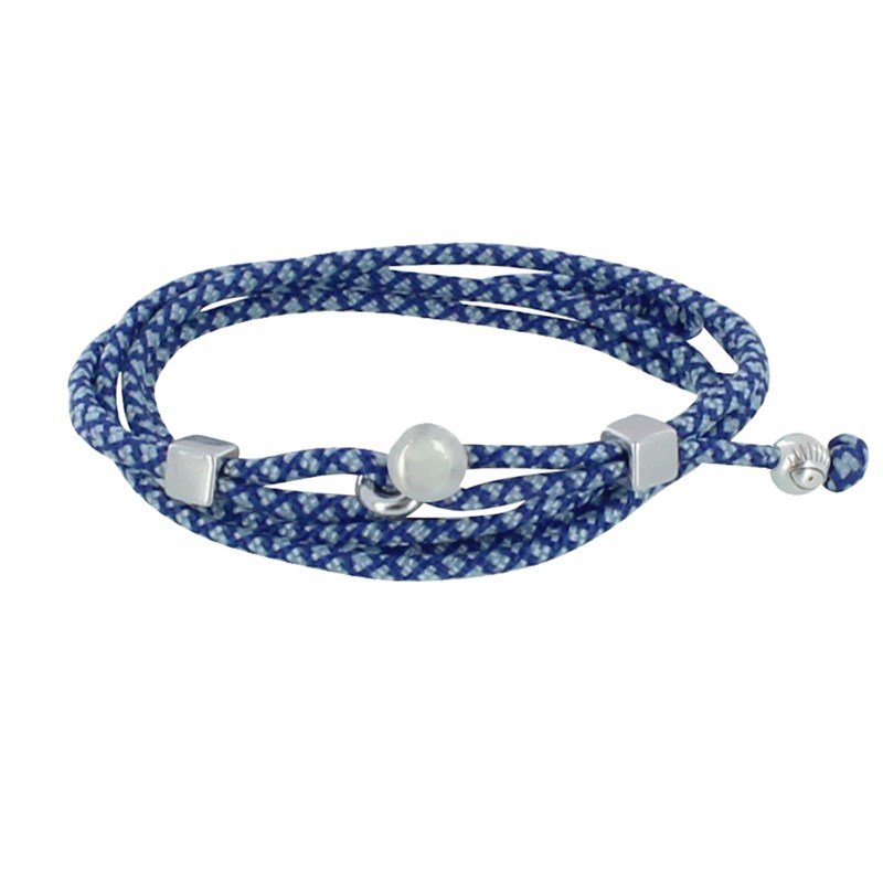 Bracelet Homme Métal Argenté Cubes Fermoir Bouton et Lien en Paracorde - Bleu