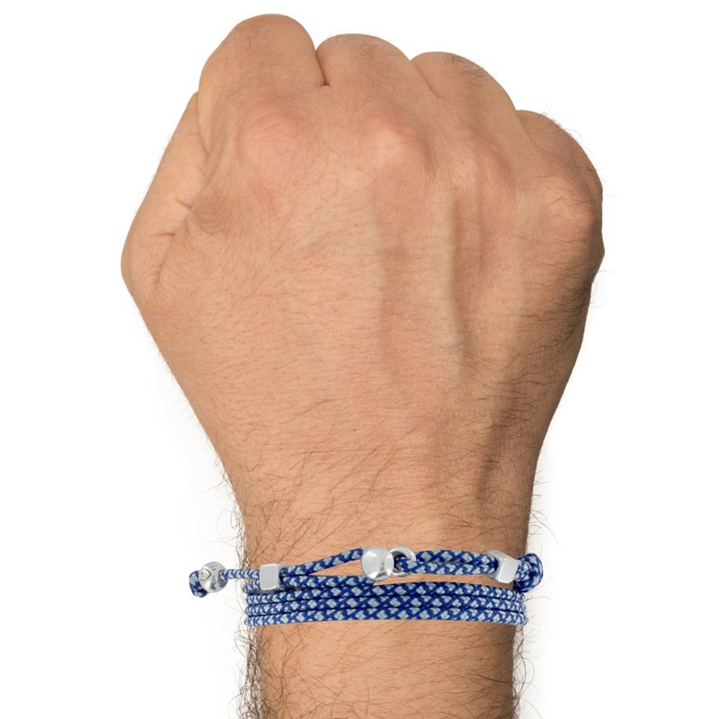 Bracelet Homme Métal Argenté Cubes Fermoir Bouton et Lien en Paracorde - Bleu - vue 2