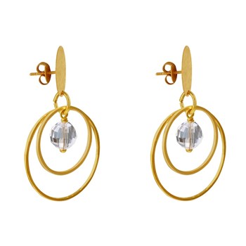 Stud Earrings Matte Brass Brushed Pastille Two Rings and Faceted Pearl