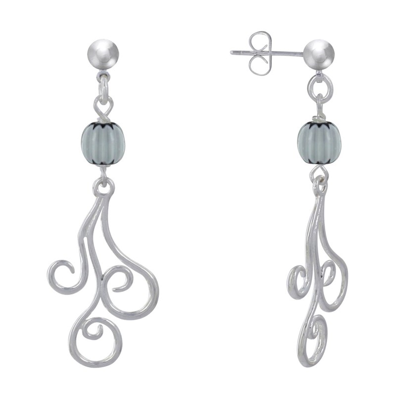 Boucles d'Oreilles Clous Métal Argenté Perles Striées et Arabesques