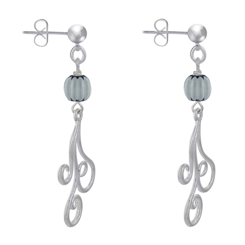 Boucles d'Oreilles Clous Métal Argenté Perles Striées et Arabesques - vue 3