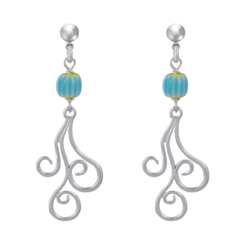 Boucles d'Oreilles Clous Métal Argenté Perles Striées et Arabesques - vue 2