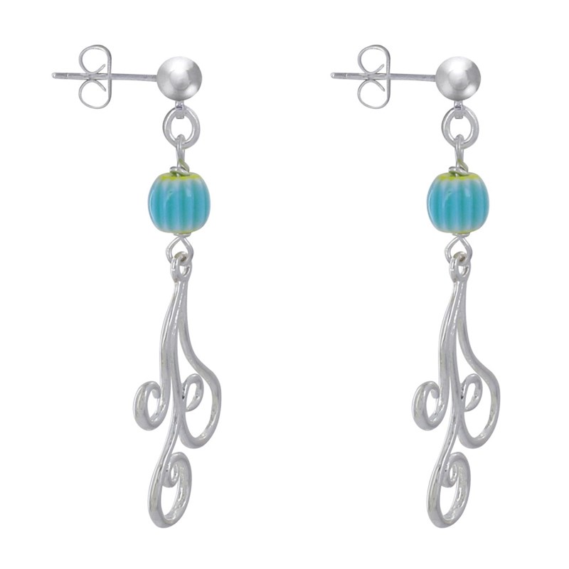 Boucles d'Oreilles Clous Métal Argenté Perles Striées et Arabesques - vue 3