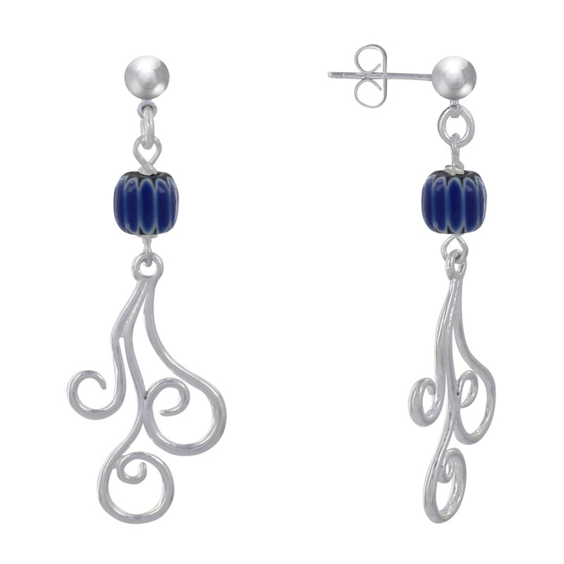 Boucles d'Oreilles Clous Métal Argenté Perles Striées et Arabesques