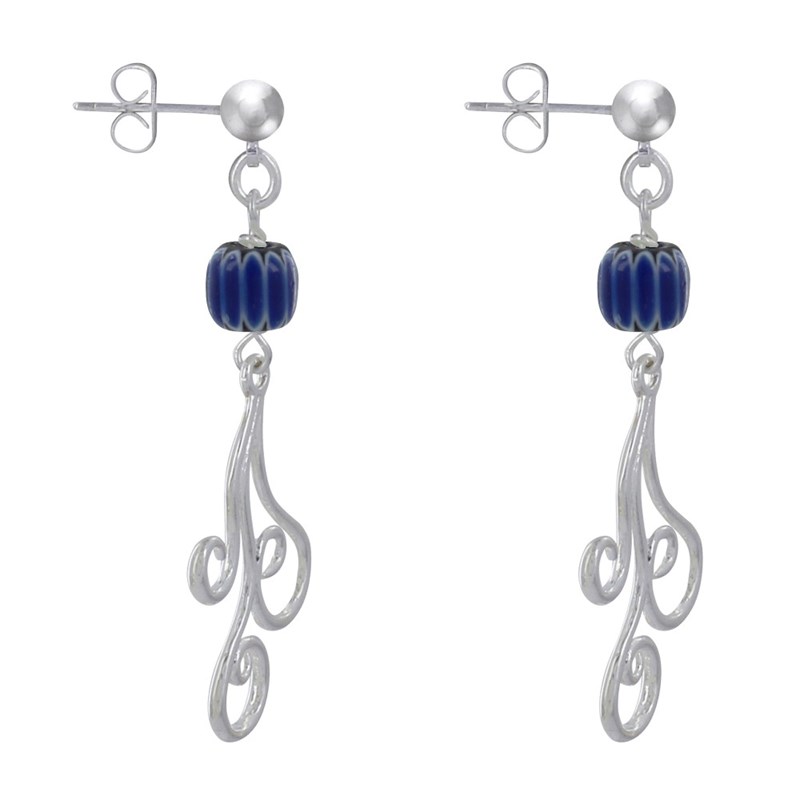 Boucles d'Oreilles Clous Métal Argenté Perles Striées et Arabesques - vue 3