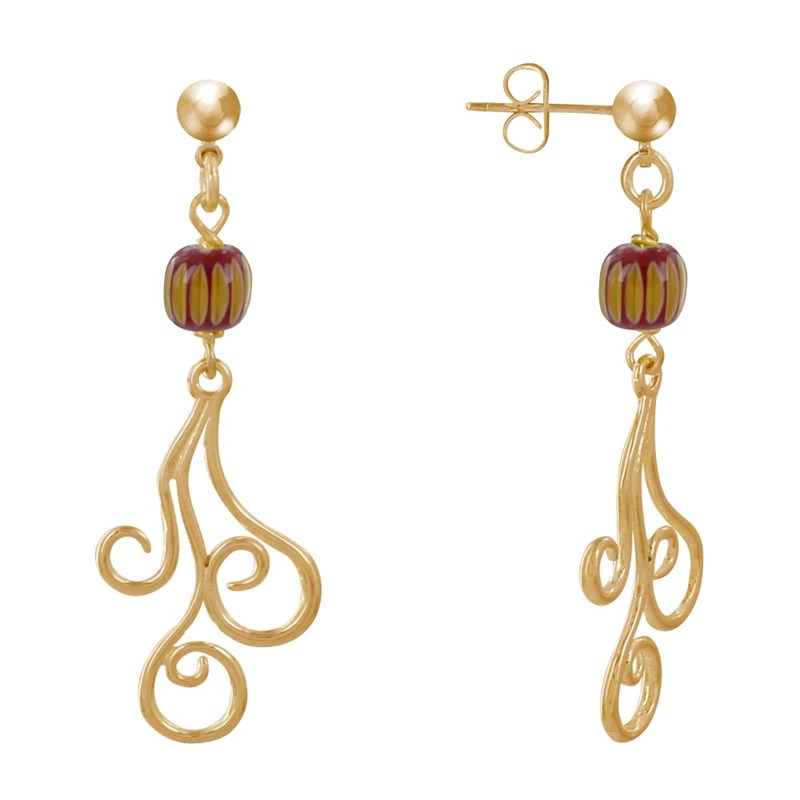 Boucles d'Oreilles Clous Métal Doré Perles Striées et Arabesques