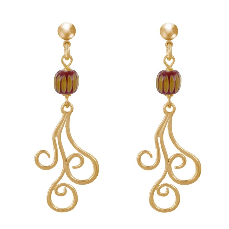 Boucles d'Oreilles Clous Métal Doré Perles Striées et Arabesques - vue 2