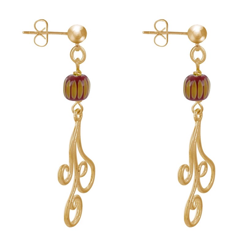 Boucles d'Oreilles Clous Métal Doré Perles Striées et Arabesques - vue 3