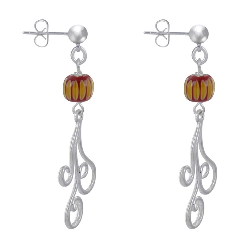 Boucles d'Oreilles Clous Métal Argenté Perles Striées et Arabesques - vue 3