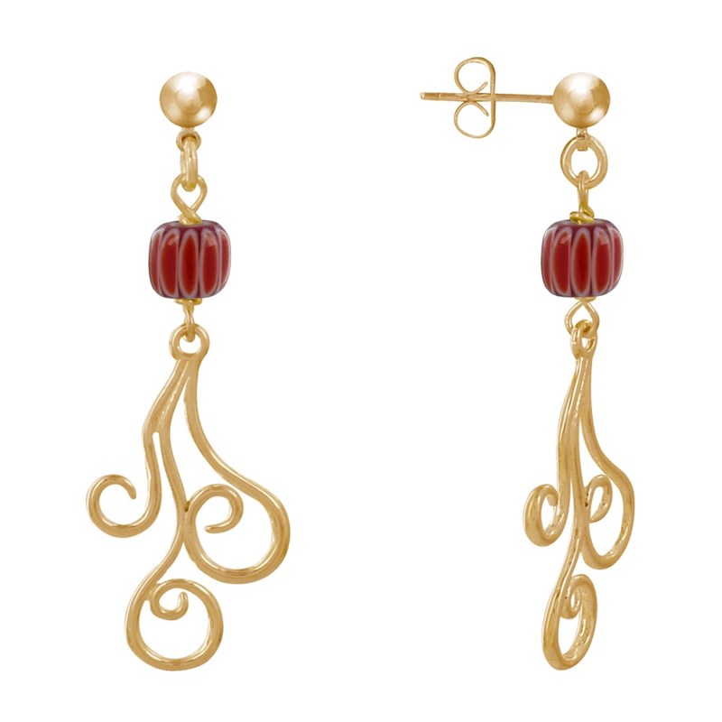 Boucles d'Oreilles Clous Métal Doré Perles Striées et Arabesques