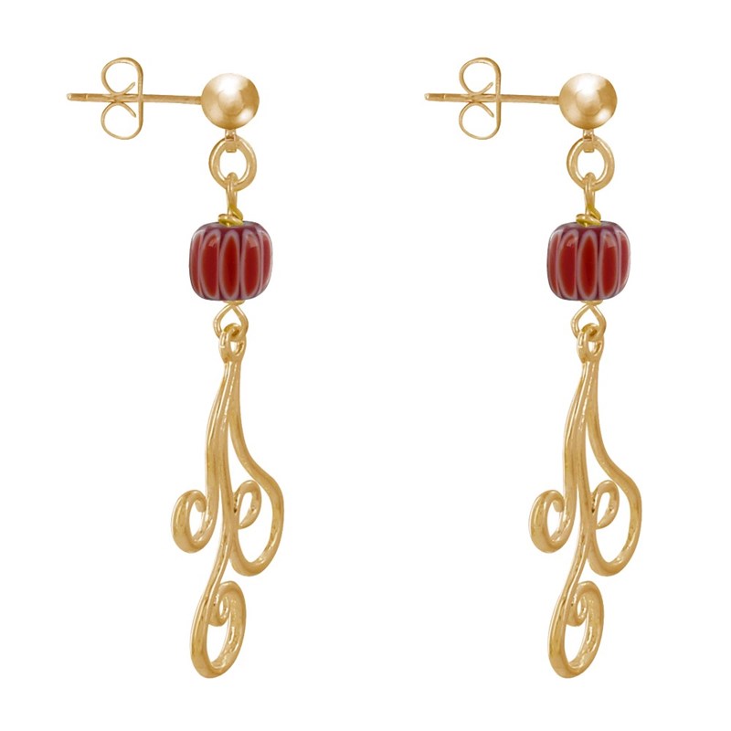 Boucles d'Oreilles Clous Métal Doré Perles Striées et Arabesques - vue 2