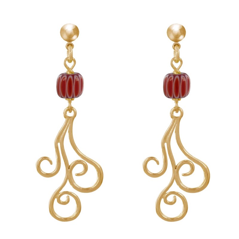 Boucles d'Oreilles Clous Métal Doré Perles Striées et Arabesques - vue 3