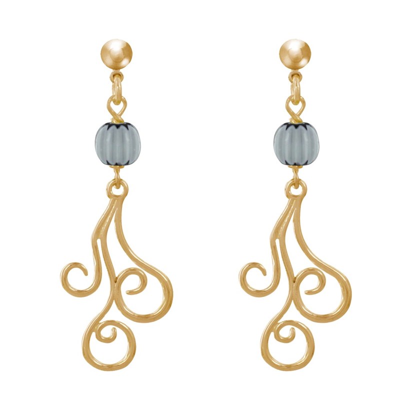 Boucles d'Oreilles Clous Métal Doré Perles Striées et Arabesques - vue 2