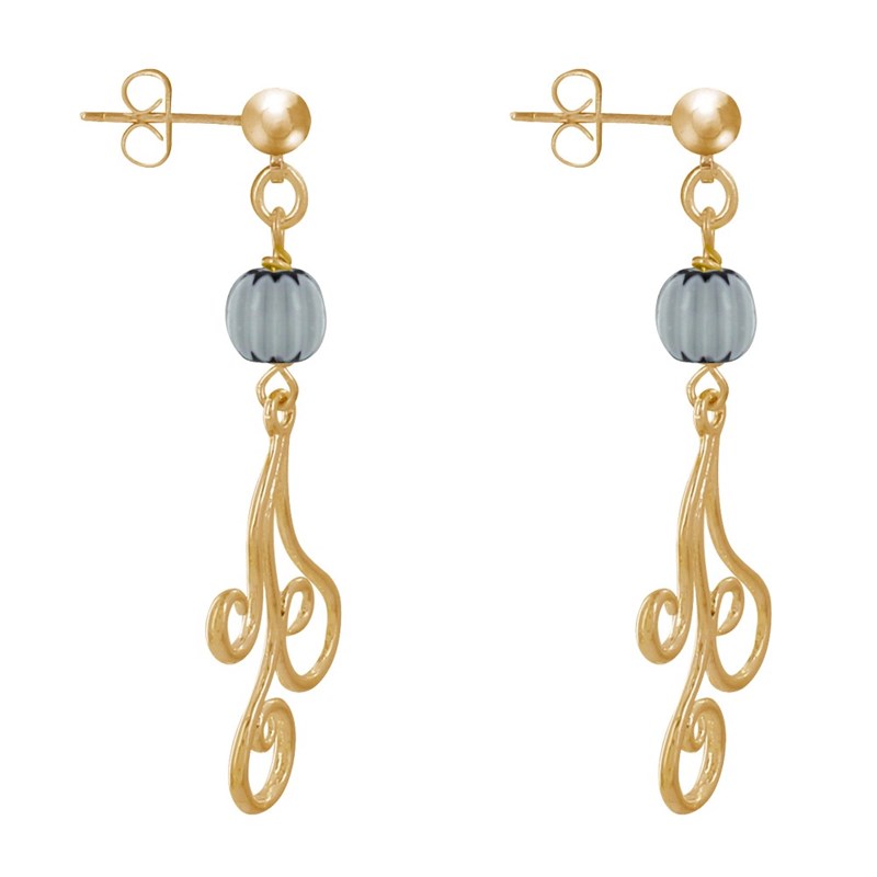 Boucles d'Oreilles Clous Métal Doré Perles Striées et Arabesques - vue 3