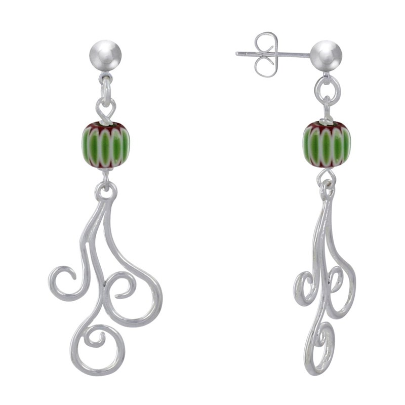 Boucles d'Oreilles Clous Métal Argenté Perles Striées et Arabesques