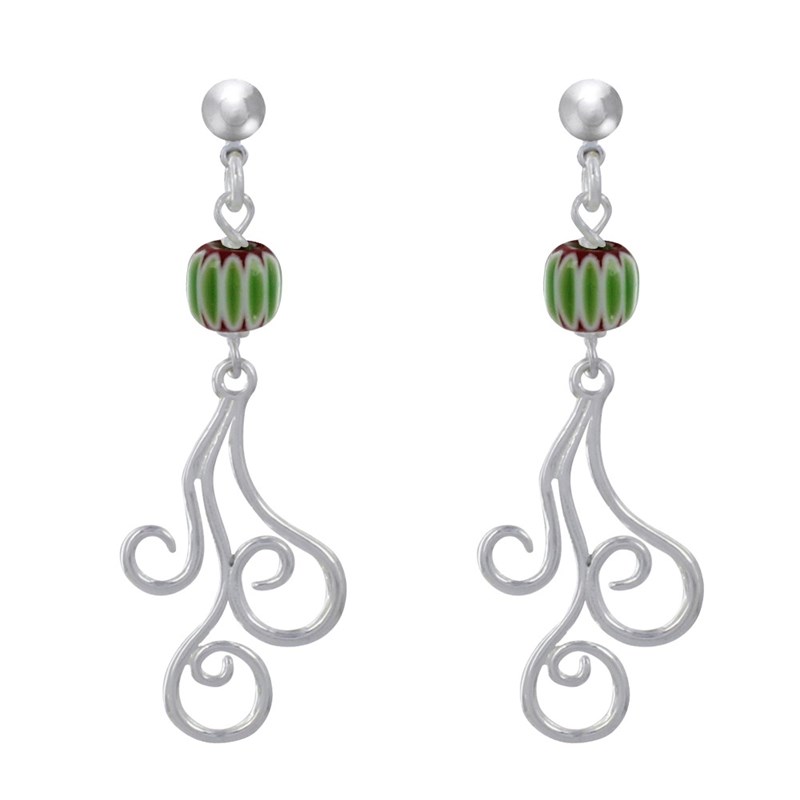 Boucles d'Oreilles Clous Métal Argenté Perles Striées et Arabesques - vue 2