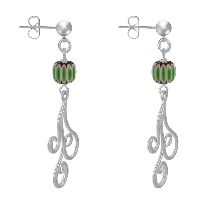 Boucles d'Oreilles Clous Métal Argenté Perles Striées et Arabesques - vue 3