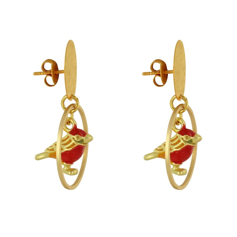 Boucles d'Oreilles Clous Laiton Mat Pastille Brossée Anneau et Oiseau Coloré - vue 3