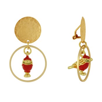 Clip Earrings Matte Brass Brushed Pastille Ring and Colored Bird