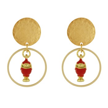 Clip Earrings Matte Brass Brushed Pastille Ring and Colored Bird