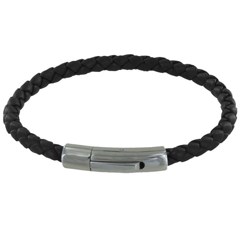 Bracelet Homme Cuir Simple Tréssé Rond 19cm - Noir