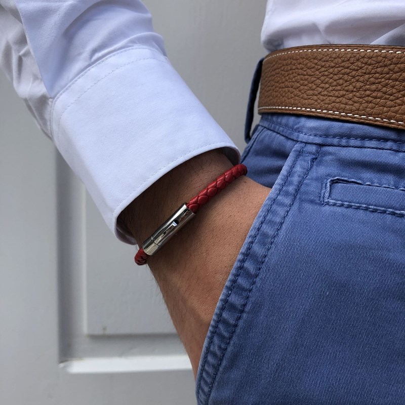 Bracelet Homme Cuir Simple Tréssé Rond 19cm - Noir - vue 3