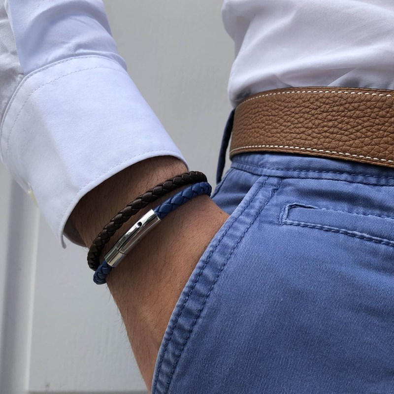 Bracelet Homme Cuir Simple Tréssé Rond 19cm - Noir - vue 4