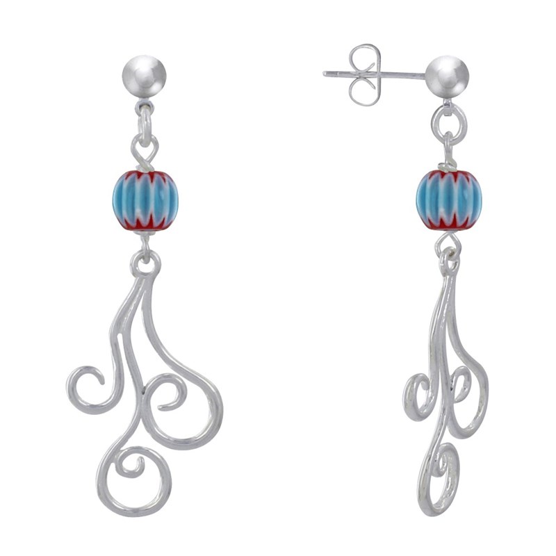 Boucles d'Oreilles Clous Métal Argenté Perles Striées et Arabesques