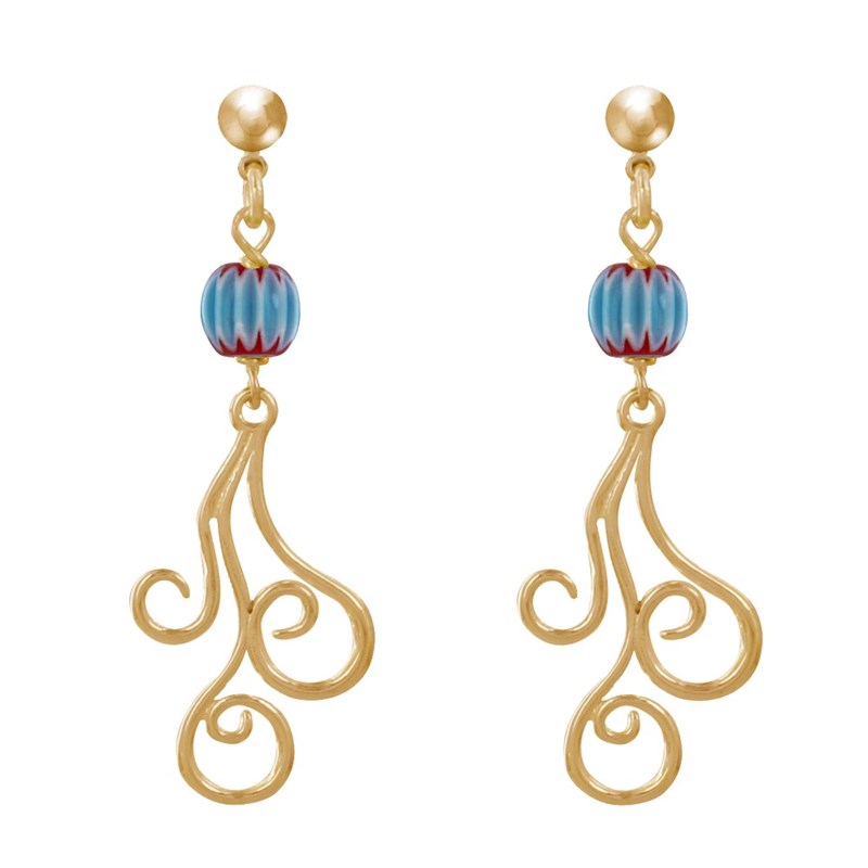 Boucles d'Oreilles Clous Métal Doré Perles Striées et Arabesques - vue 2