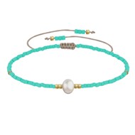 Bracelet Lien Perle d'Eau Douce Blanche et Petites Perles Mates - Vert d'Eau