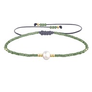 Bracelet Lien Perle d'Eau Douce Blanche et Petites Perles Brillantes - Vert kaki