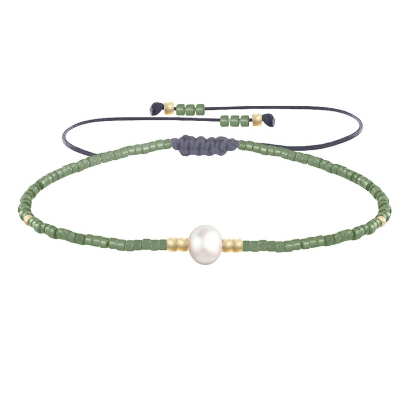 Bracelet Lien Perle d'Eau Douce Blanche et Petites Perles Brillantes - Vert kaki