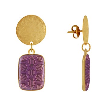 Stud Earrings Matte Brass Brushed Pastille and Rectangle Resin Flower