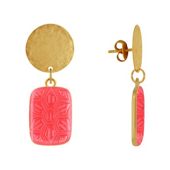 Stud Earrings Matte Brass Brushed Pastille and Rectangle Resin Flower