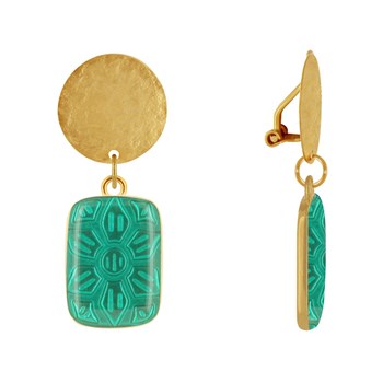 Earrings Clip Matte Brass Brushed Pastille and Rectangle Resin Flower