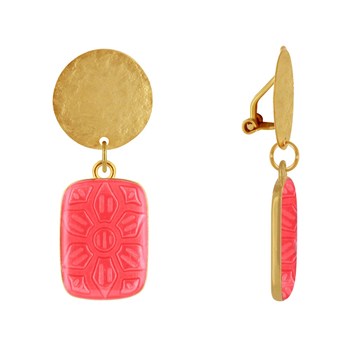 Earrings Clip Matte Brass Brushed Pastille and Rectangle Resin Flower