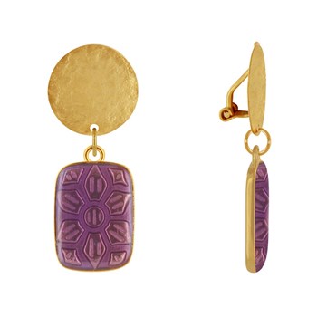 Earrings Clip Matte Brass Brushed Pastille and Rectangle Resin Flower