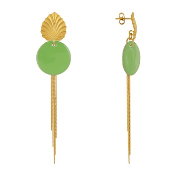 Earrings Studs Brass Leaf Enameled Pastille and Hanging Wires