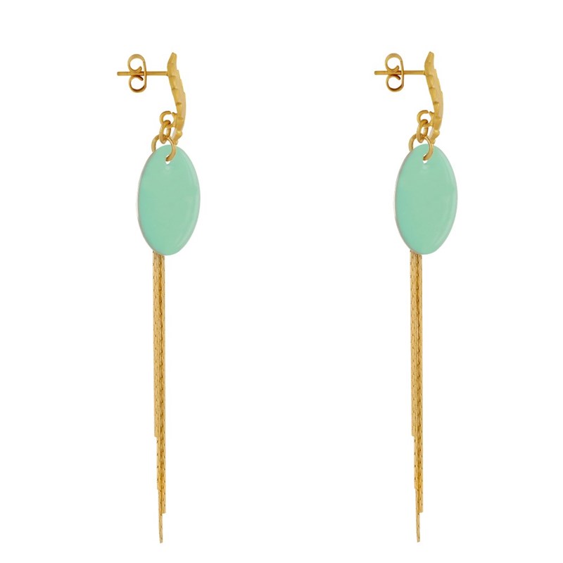 Boucles d'Oreilles Clous Laiton Feuille Pastille Émaillée et Fils Pendants - vue 3