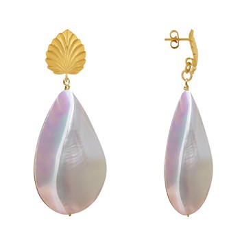 Brass Leaf Stud Earrings with Large Mother-of-Pearl Drop