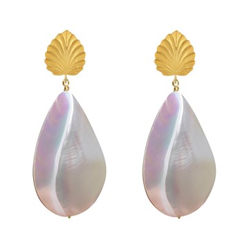 Brass Leaf Stud Earrings with Large Mother-of-Pearl Drop