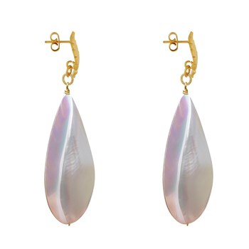 Brass Leaf Stud Earrings with Large Mother-of-Pearl Drop